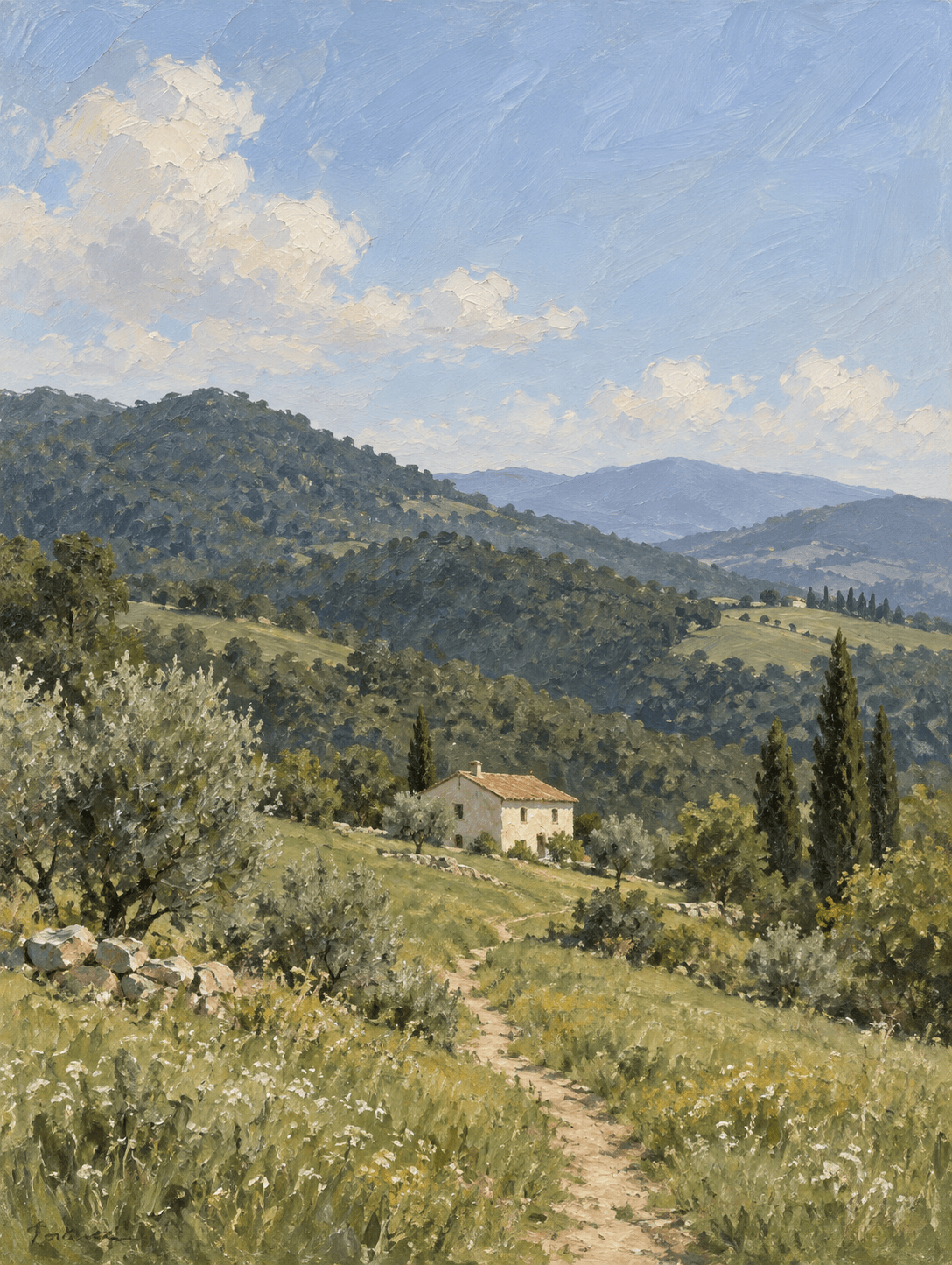 An oil painting of a small farmhouse among sunlit green hills.
