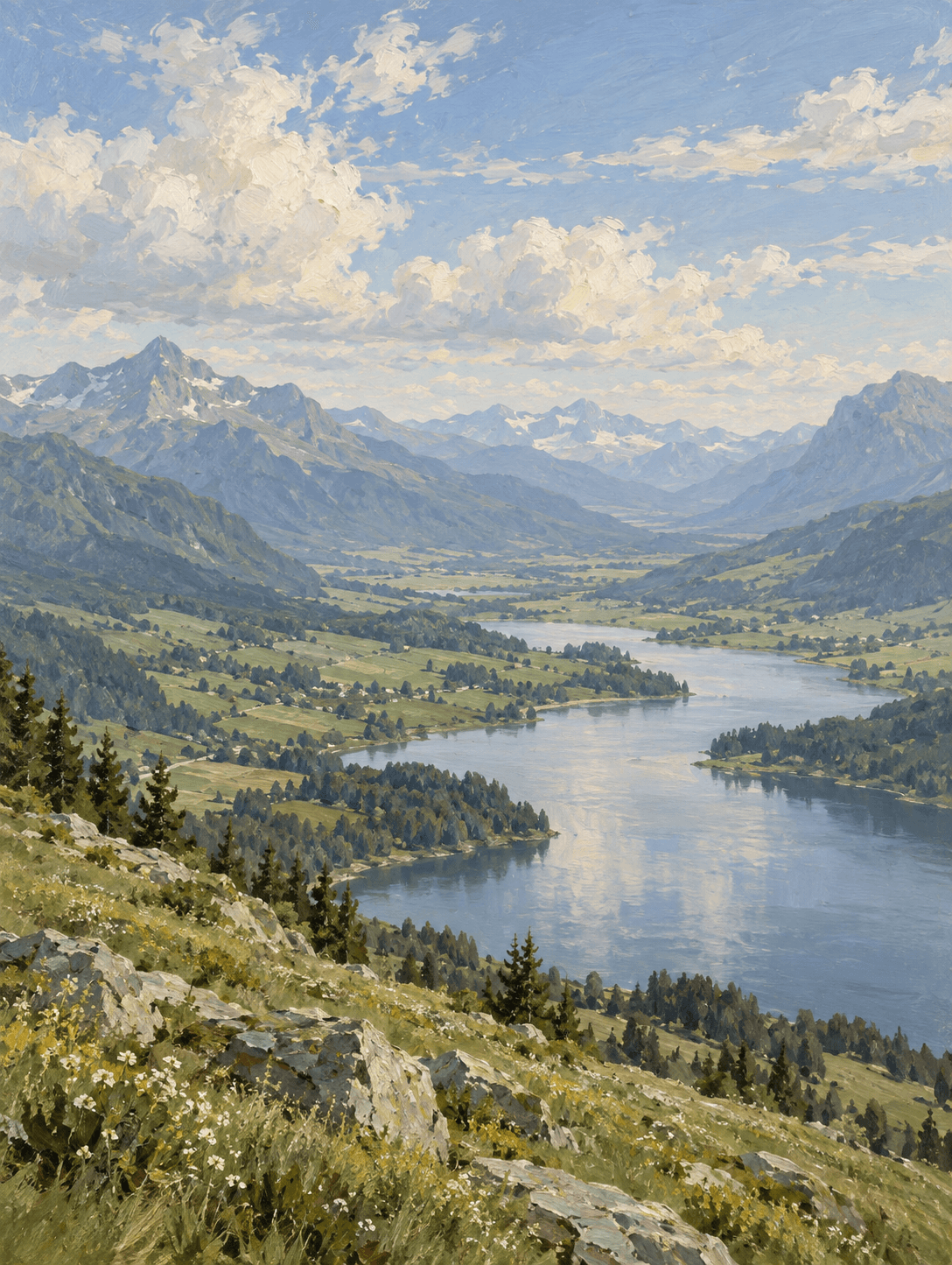 An oil painting of a lake winding through a wide mountain valley.