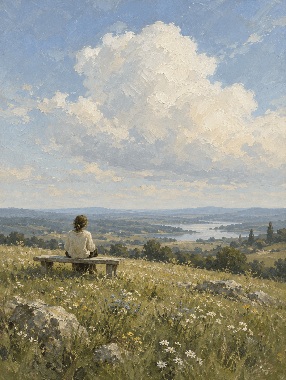 An oil painting of a person on a bench looking toward an open horizon.